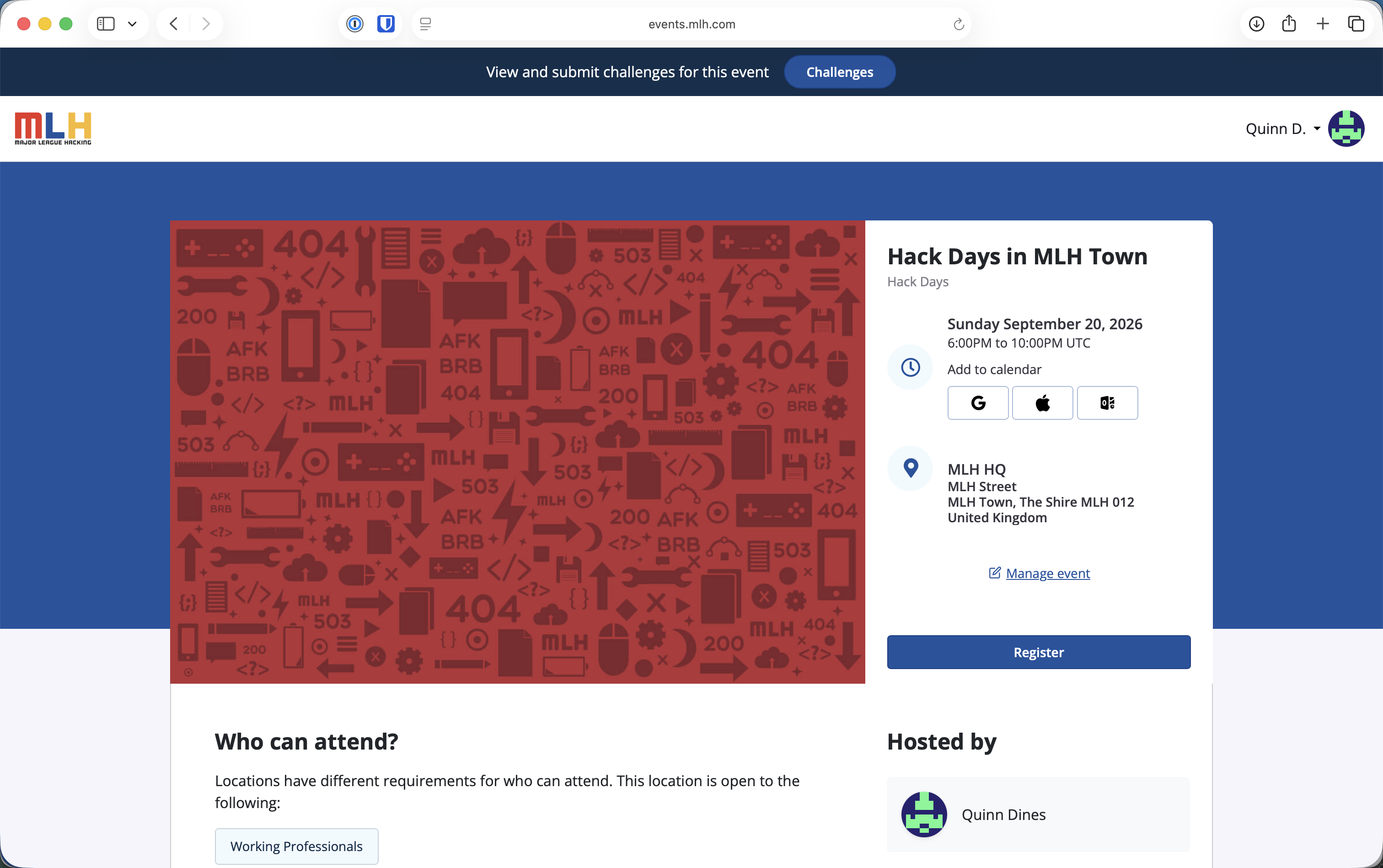 Published Hack Day event page with date, venue, audience, and Register button