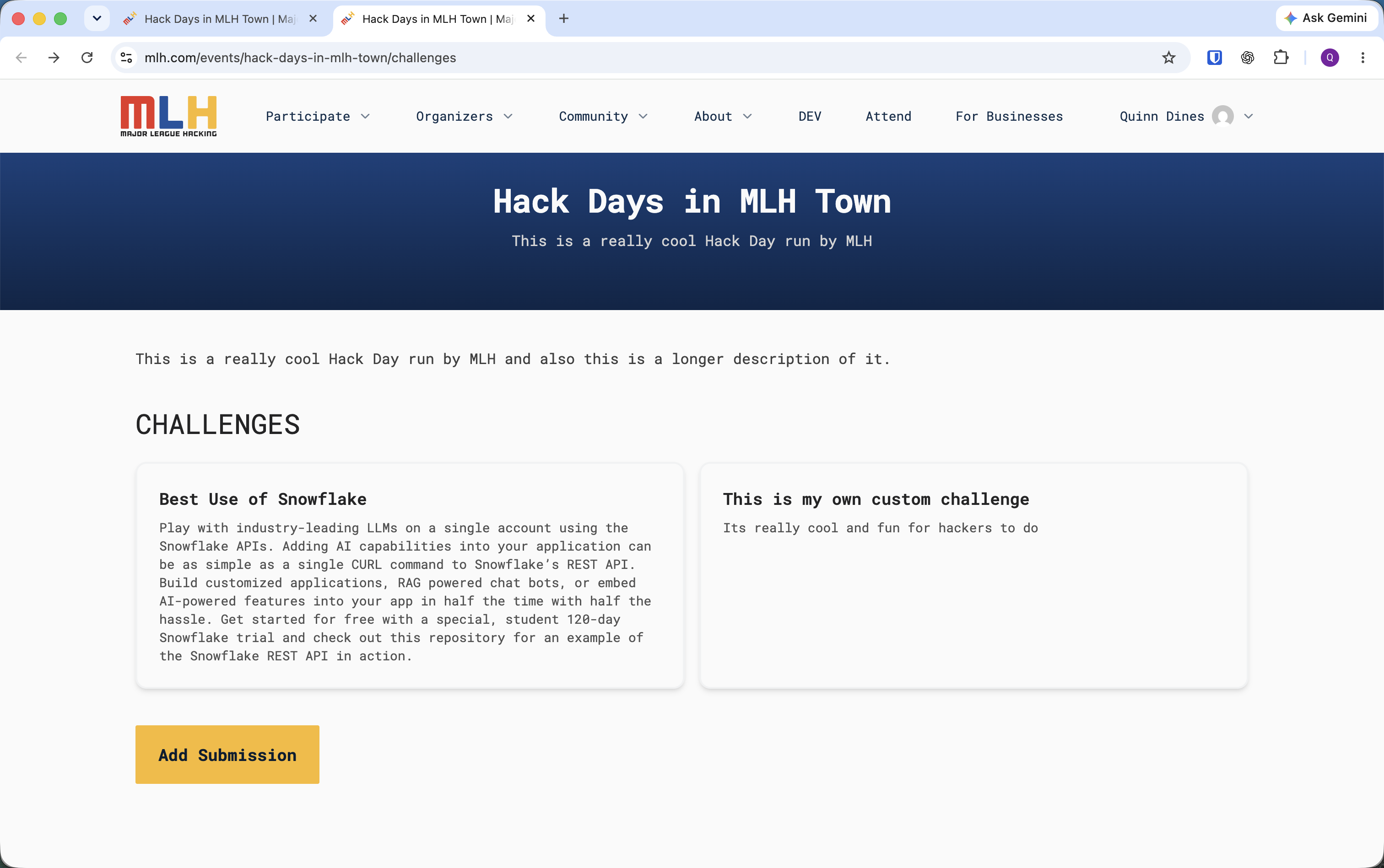 Hack Day Challenges page with assigned and local challenges and an active Add Submission button
