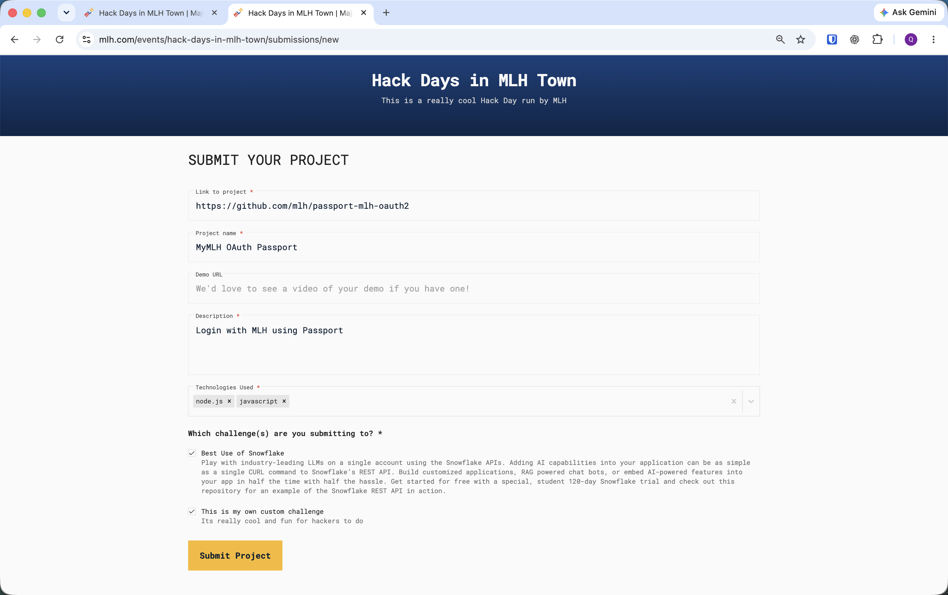 Project submission form with project link, name, demo URL, description, technologies, and challenge selections