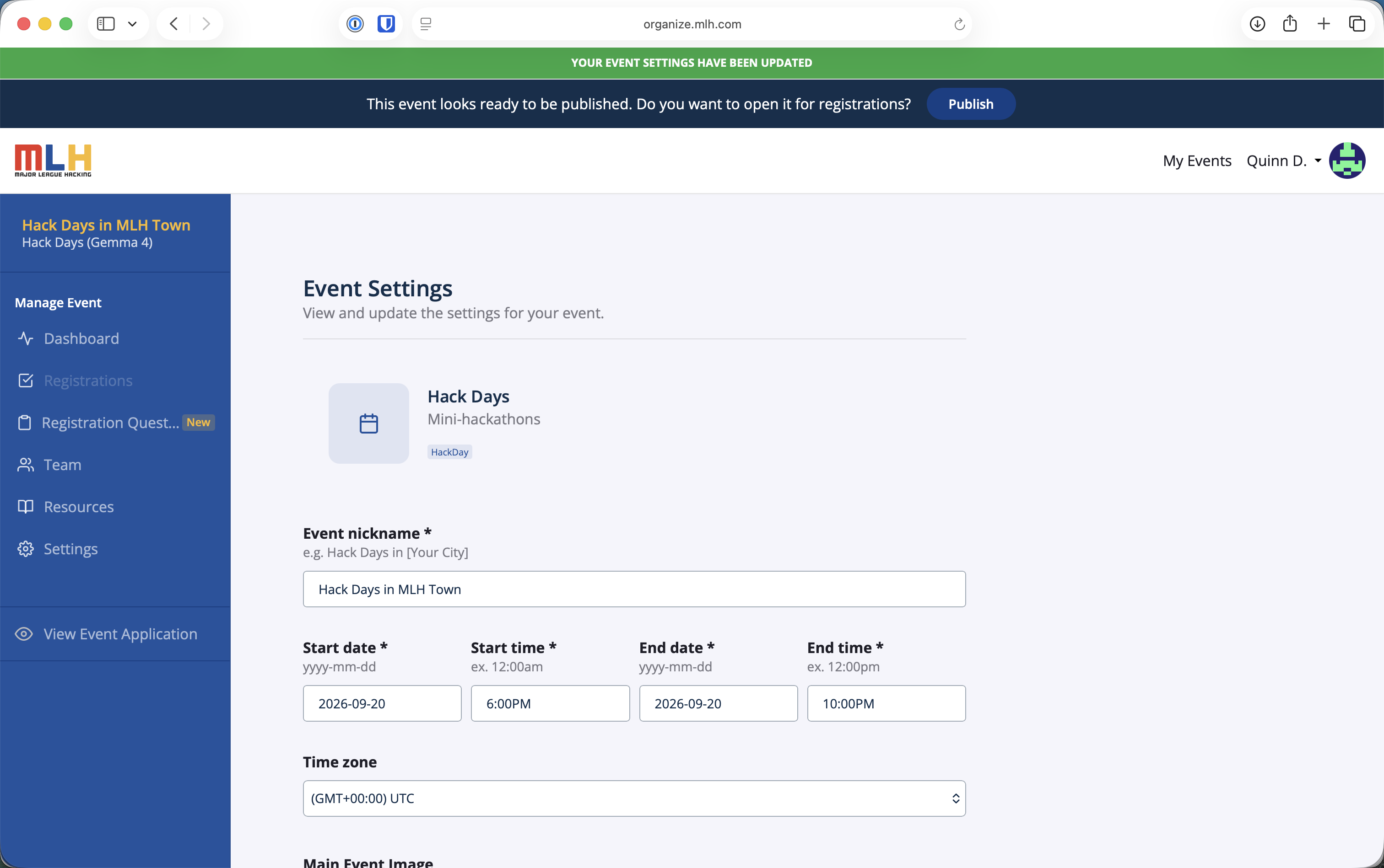 OrganizerHQ event settings with the Publish button in the open-for-registrations banner