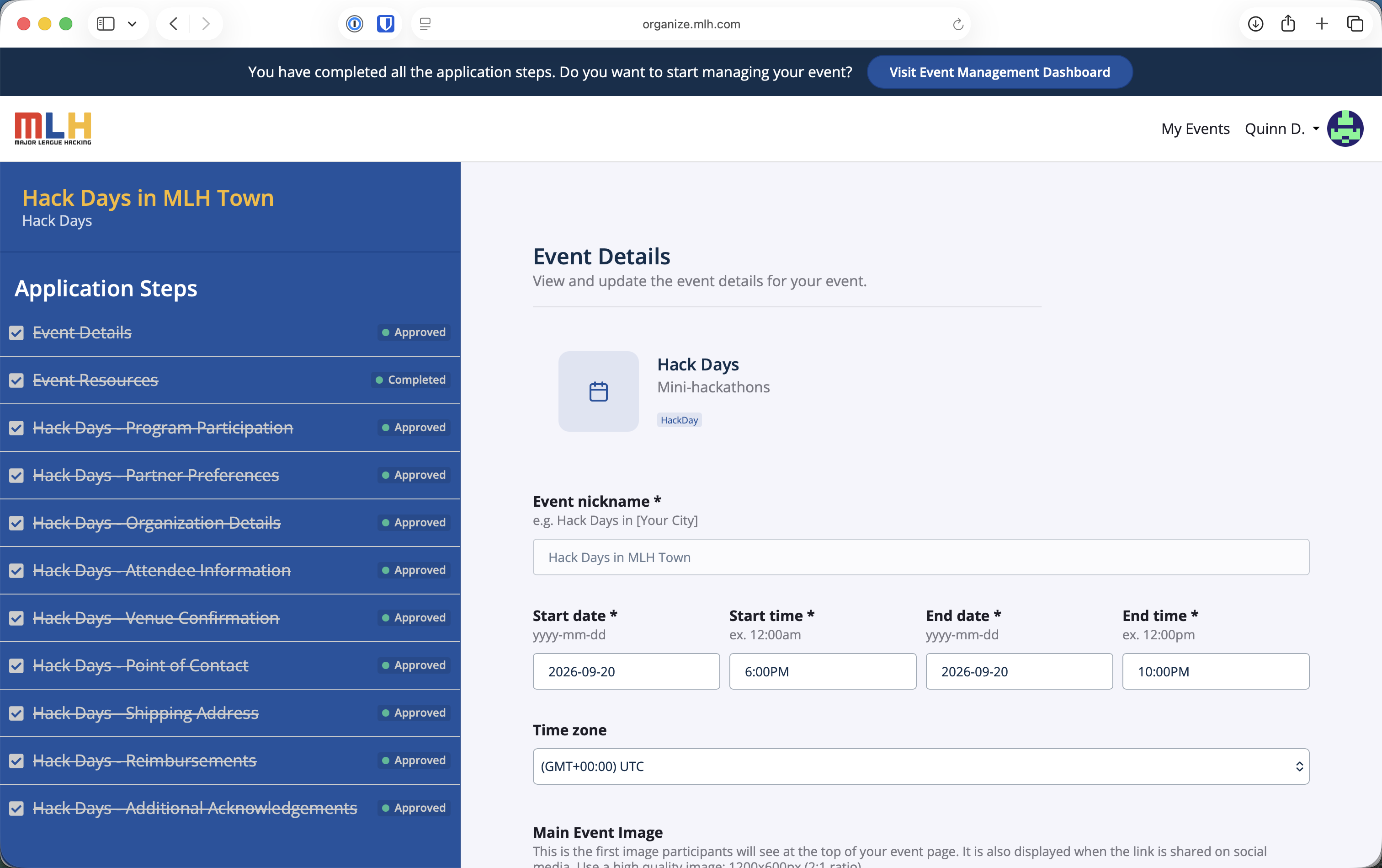 Approved Hack Days application with the Visit Event Management Dashboard button