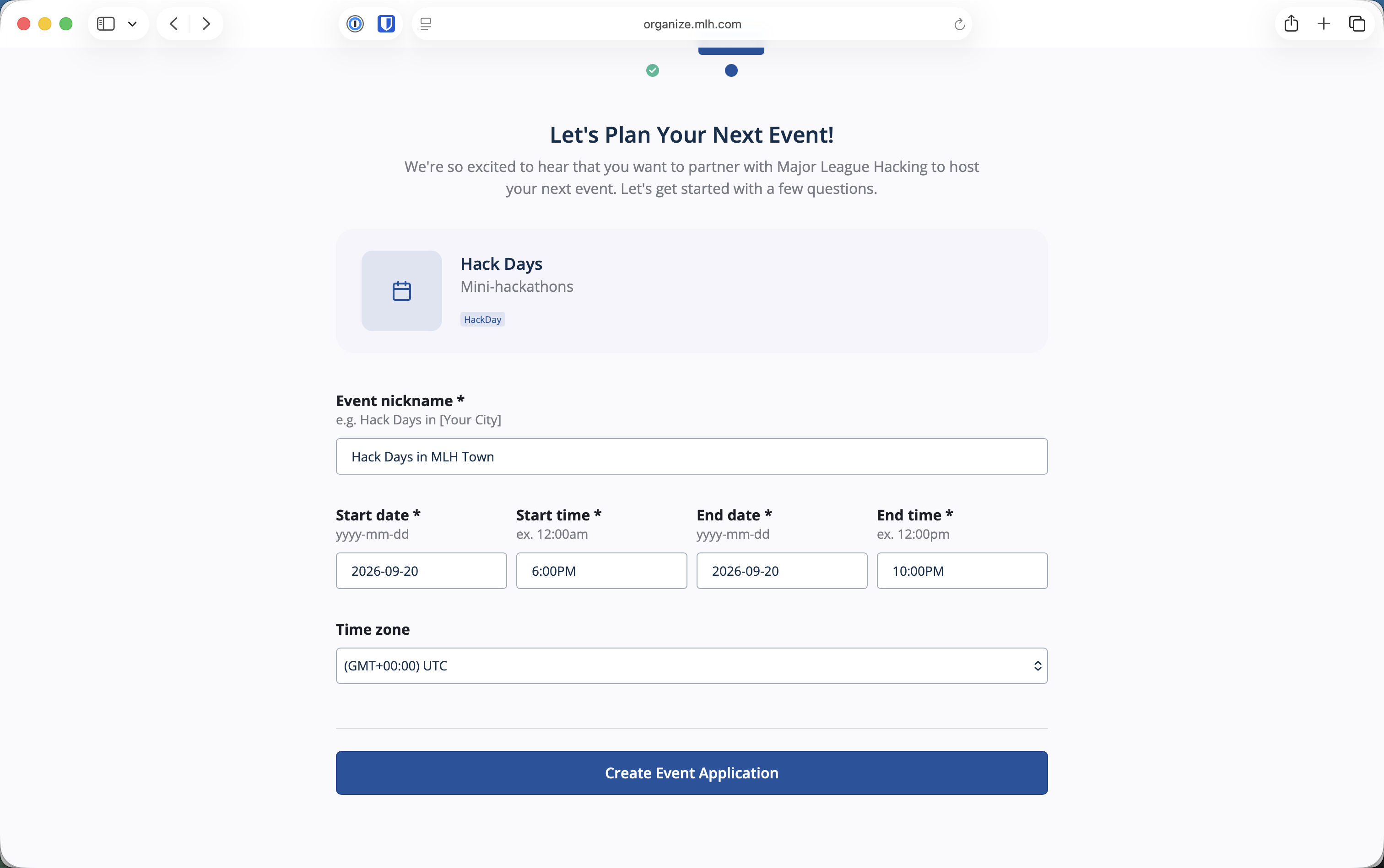 Initial Hack Days application form with event nickname, date, time, and time zone fields